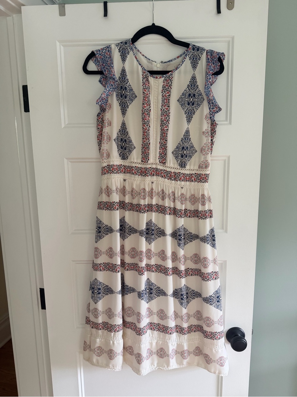 LOFT Ivory Midi Dress with Blue & Red Geometric Print